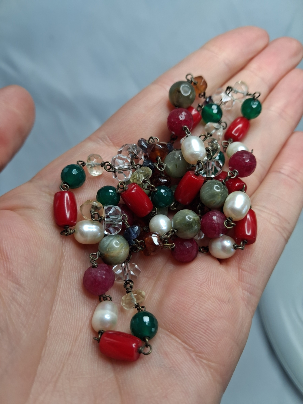 Multi-Gemstone Pearl Bead Necklace - Red & Green Accent